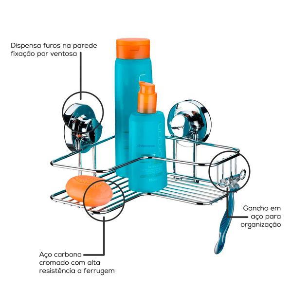 Imagem de Suporte De Canto Banheiro Com Ventosas Fixação Vácuo Future