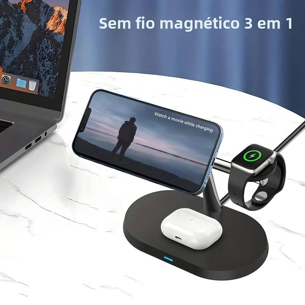 Imagem de Suporte de Carregamento Sem Fio Rápido 100W - iPhone 15/14/13/Pro Max, Apple Watch 8/7/6 e AirPods 3