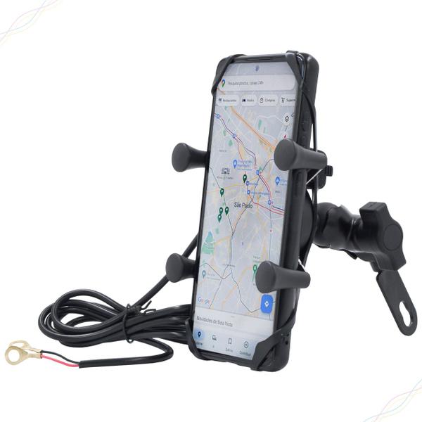 Imagem de Suporte de Celular 360 Antiqueda para Moto Universal com Carregador USB