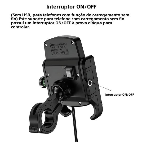 Imagem de Suporte de Celular para Moto com Carregador Sem Fio e USB - Carregamento Rápido