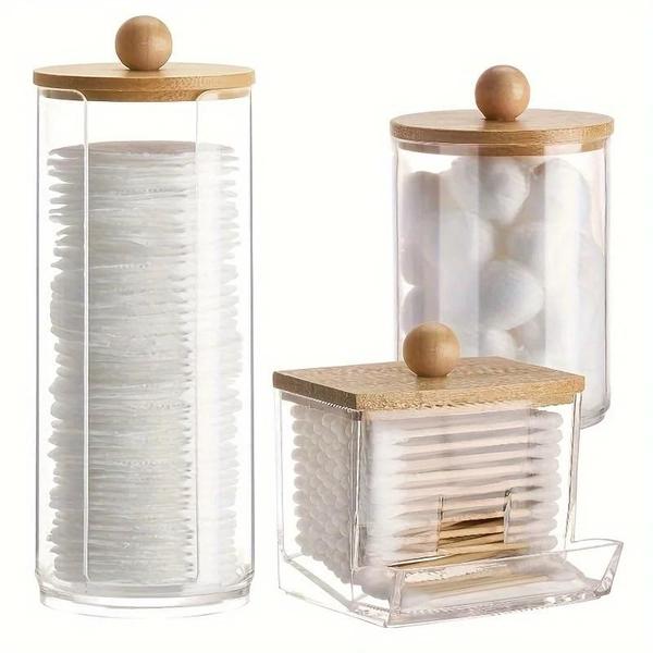 Suporte de Cotonete Transparente para Banheiro - Dispensador de Algodão e Discos Imagem de Suporte de Cotonete Transparente para Banheiro - Dispensador de Algodão e Discos