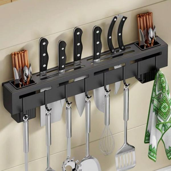 Imagem de Suporte De Cozinha Porta Talheres Facas 50cm Com 8 Ganchos Moderno