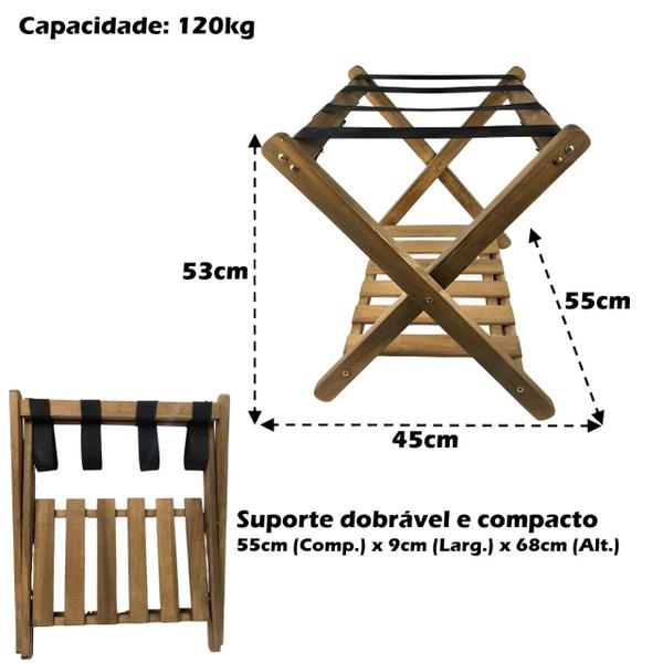 Imagem de Suporte de Mala Em Madeira Com Prateleira Sapateira Para Hotel Pousada Cor Nogueira - AMZ