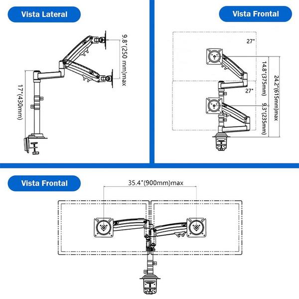 Imagem de Suporte de Mesa Ajustavel com Pistao a Gas Para 2 Monitores PIX, 17" à 35", Preto - PX-H160