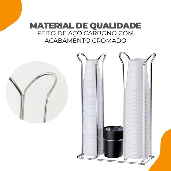 Imagem de Suporte de Mesa Organizador Porta Copos Duplo Descartáveis Agua 200ml Cafe 50 e 80ml Sache Cromado