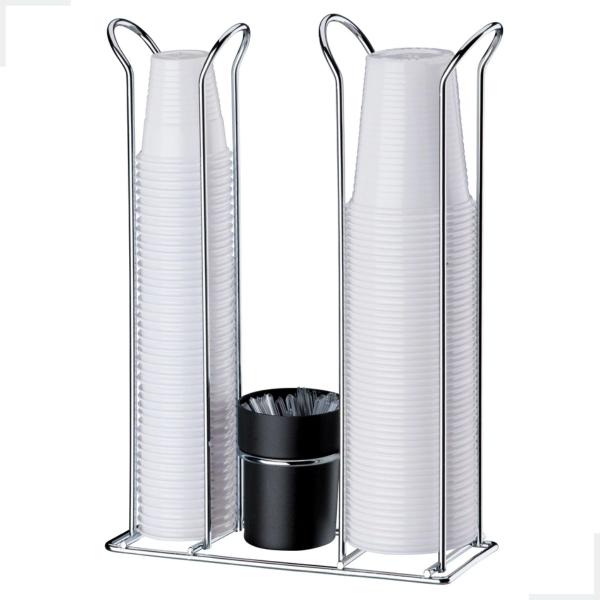 Imagem de Suporte de Mesa Organizador Porta Copos Duplo Descartáveis Agua 200ml Cafe 50 e 80ml Sache Cromado