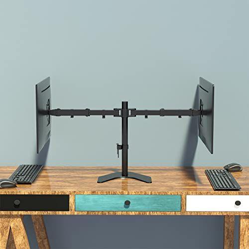 Imagem de Suporte de monitor duplo WALI, suporte de mesa de pé livre para 2 monitores de até 27 polegadas, 22 lbs. Capacidade de peso por braço, totalmente ajustável com Max VESA 100x100mm (MF002), preto