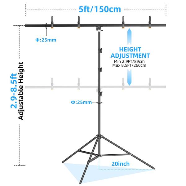 Imagem de Suporte de pano de fundo EMART portátil em forma de T 2,6 m x 1,5 m com acessórios