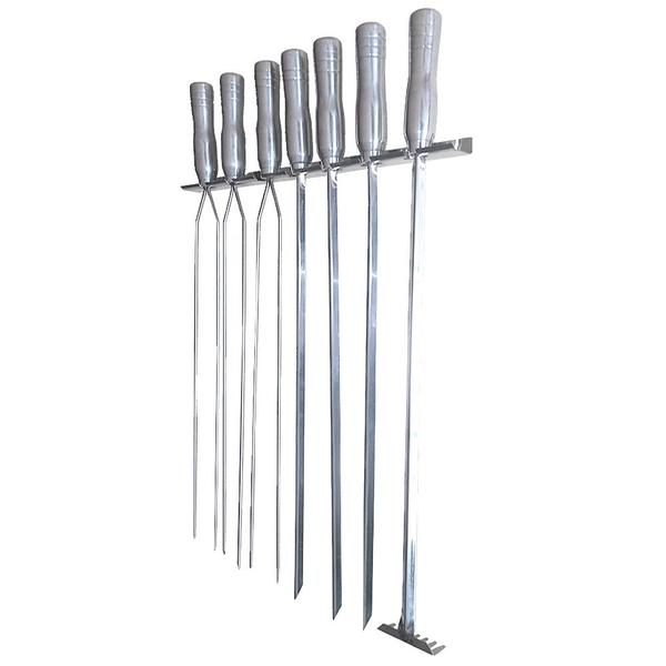 Imagem de Suporte de Parede Inox + 6 Espetos Para Churrasco + 1 Espalha Brasa com Cabos em Alumínio Pantheon Inox