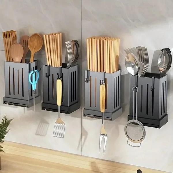 Imagem de Suporte de Parede Multifuncional para Utensílios de Cozinha - Rack de Secagem para Talheres e Pauzinhos