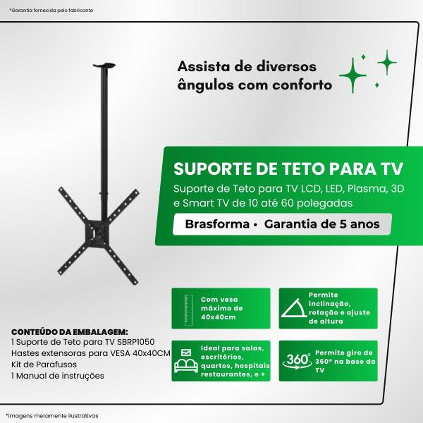 Imagem de Suporte de Teto para TV 10'' até 60'' com ajuste de ângulos e giro 360º Brasforma SBRP1050