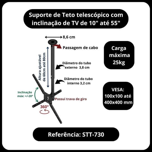 Imagem de Suporte de teto para TV, monitor 10" a 55" - Com Inclinação