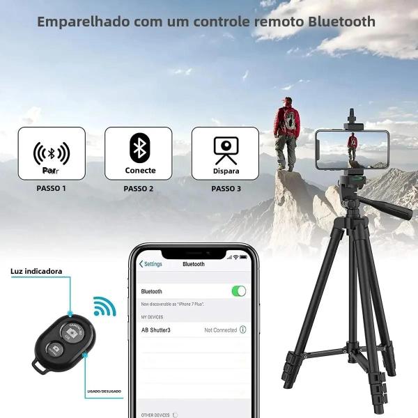 Imagem de Suporte de Tripé para Telefone (100cm) com Controle Remoto Bluetooth - Ideal para Gravação