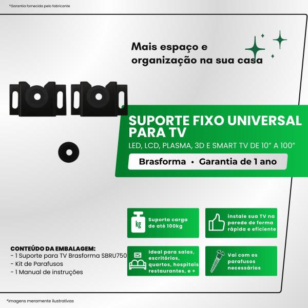 Imagem de Suporte de Tv 10'' A 100" Fixo Universal Parede Preto - SBRU750 Brasforma