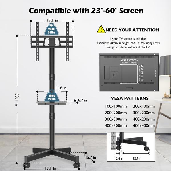 Imagem de Suporte de TV BONTEC Mobile Tilt Rolling Cart 23-60” 55 libras