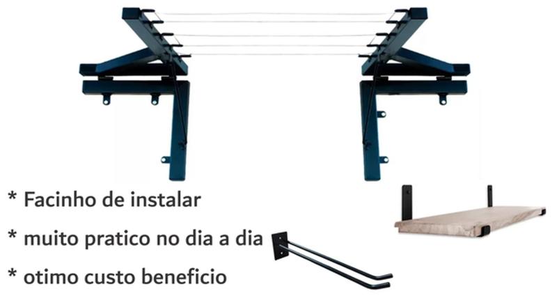 Imagem de Suporte de Vassoura e Rodos + Varal Confiável de Parede 60 kg + Prateleira 50x20