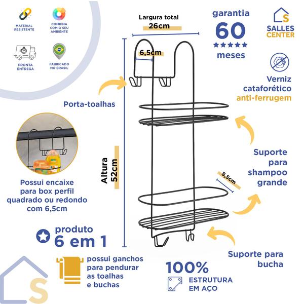 Imagem de Suporte Duplo Box Emborrachado Porta Shampoo e Toalha Preto 2455