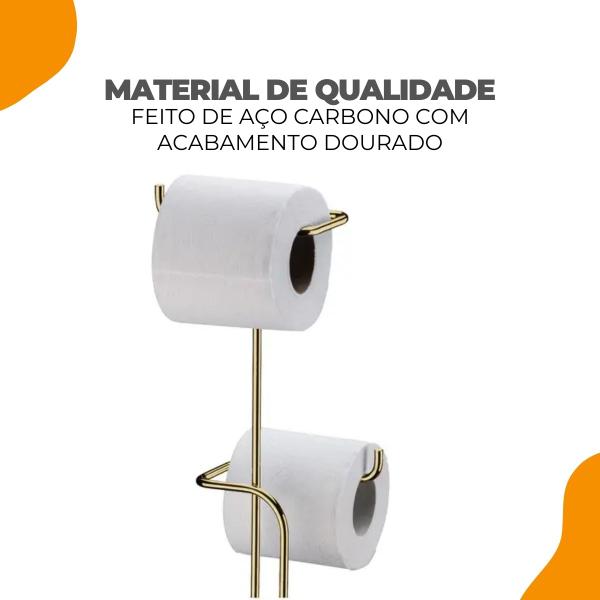 Imagem de Suporte Duplo de Chão Papel Higiênico Papeleira Banheiro Lavabo Aço Dourado Future