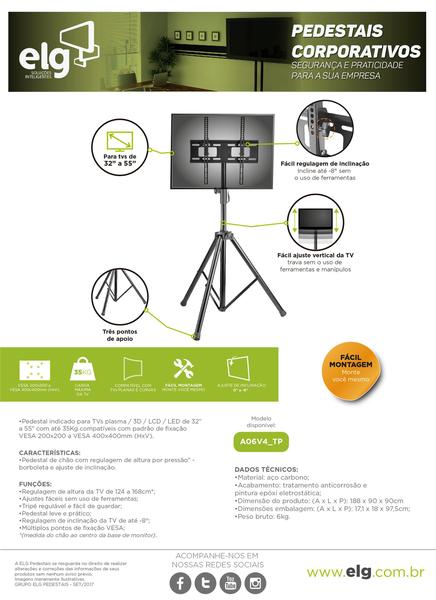 Suporte ELG A06V4_TP Tripé de chão para TV/Monitor de 32" até 55" preto Imagem de Suporte ELG A06V4_TP Tripé de chão para TV/Monitor de 32" até 55" preto