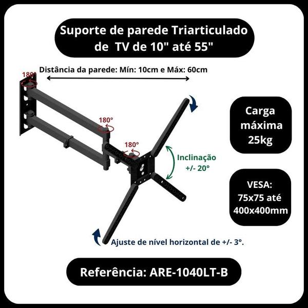 Imagem de Suporte fixo de parede articulado para tv 10 a 55 polegada  parede 3 movimentos triarticulado com inclinação  longo