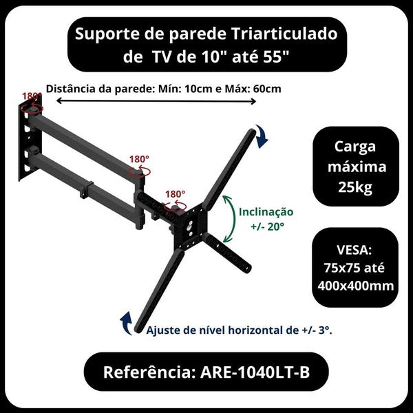 Imagem de Suporte fixo de parede articulado para tv 10 a 55 polegada  parede 3 movimentos triarticulado com inclinação  longo