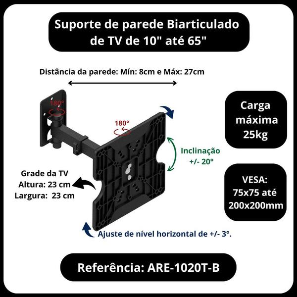 Imagem de Suporte fixo de parede para tv monitor led lcd de 40 polegada parede bi articulado com inclinação