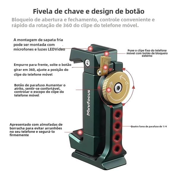 Suporte Giratório de Metal 360° para Telefone - com Sapata Fria e Adaptador para Tripé Imagem de Suporte Giratório de Metal 360° para Telefone - com Sapata Fria e Adaptador para Tripé