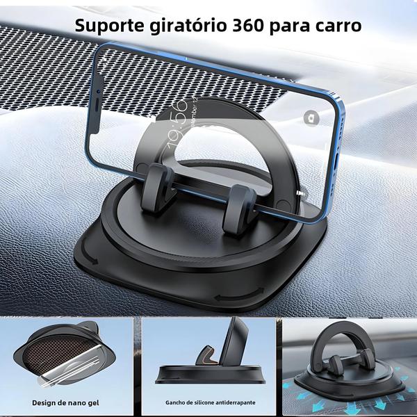 Suporte Giratório para Telefone de Carro - 360 Graus, com Montagem em Painel de Silicone Imagem de Suporte Giratório para Telefone de Carro - 360 Graus, com Montagem em Painel de Silicone