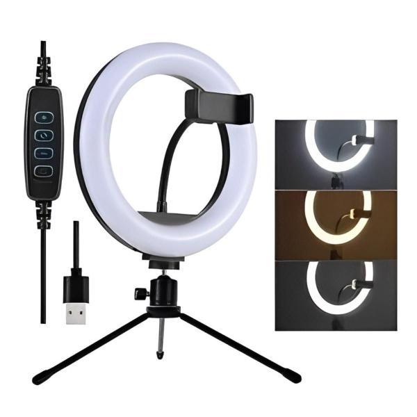 Imagem de Suporte Iluminador 20cm LED Ring Light Luz Celular Fotografia Filmagens Maquiadores 8" polegadas USB Mini Tripé