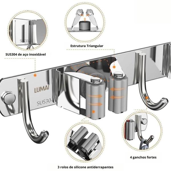Suporte Inox Multiuso De Parede Gancho Para Vassoura Rodo Pá - Neowin Imagem de Suporte Inox Multiuso De Parede Gancho Para Vassoura Rodo Pá