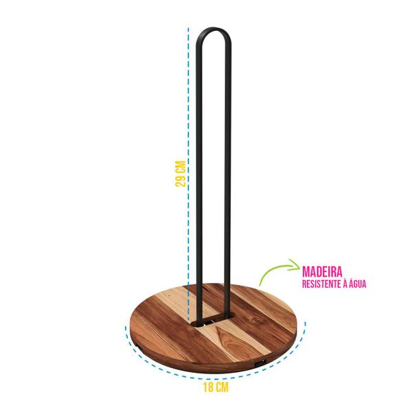 Imagem de Suporte Madeira e Aço Porta Papel Toalha Moderno Organizador