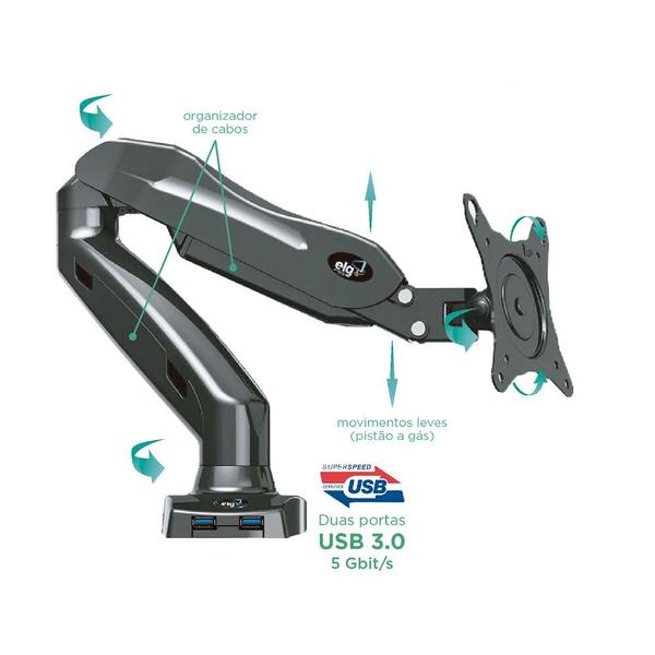 Imagem de Suporte Multiarticulado para Monitor ELG 17 a 35 F90USB, Pistão à Gás, VESA - F90USB