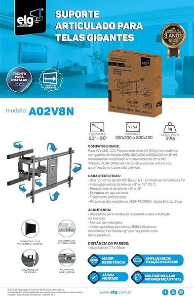 Imagem de Suporte Multiarticulado para TVs Planas de 50" a 90" A02V8N - ELG