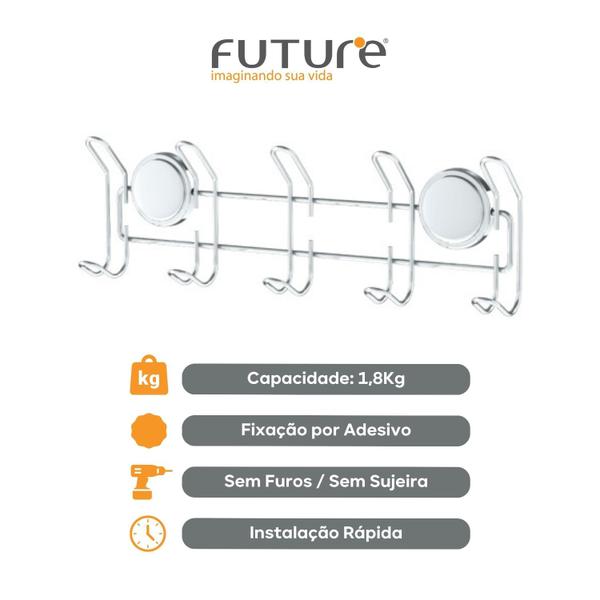 Imagem de Suporte Multiuso 5 Ganchos com Adesivo Cromado - Future