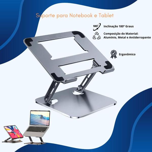 Imagem de Suporte Notebook Alumínio Ergonômico Ajustável Dobrável Mesa Regulável Para Laptop Tablet