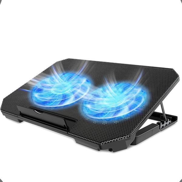 Imagem de Suporte Notebook com 2 Cooler Ventoinhas Base Mesa Led Refrigerada Ventilação Silenciosa Cor Preto LED Azul Laptop Not