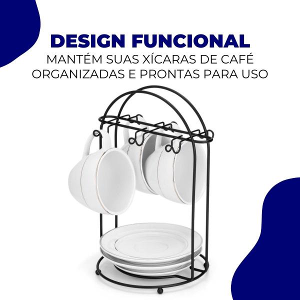 Imagem de Suporte Organizador Para 6 Xícaras Pires de Café Para Mesa Aço Preto Arthi