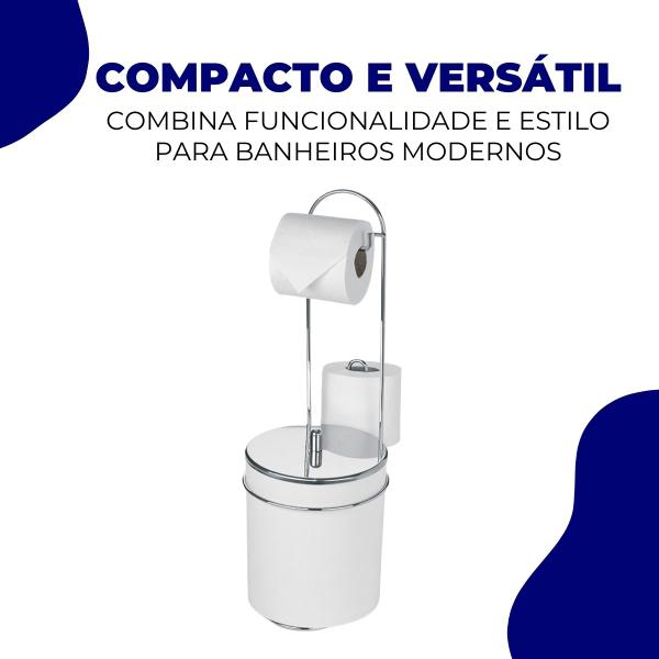 Imagem de Suporte Papel Higiênico Banheiro Lavabo Tampa 4 Rolos Cesto Lixo 5 Litros Branco Cromado Arthi