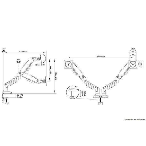 Imagem de Suporte para 2 Monitores Articulado 17 a 34 de Mesa com Pistão a Gás F160 NB