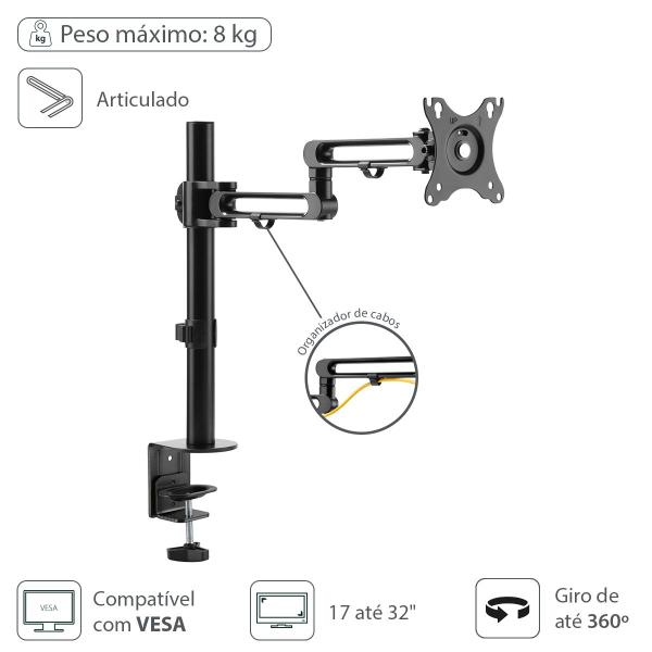 Imagem de Suporte Para Monitor De 17" A 32" Articulado Rotação 360 E Organizador De Cabo - Sm400a