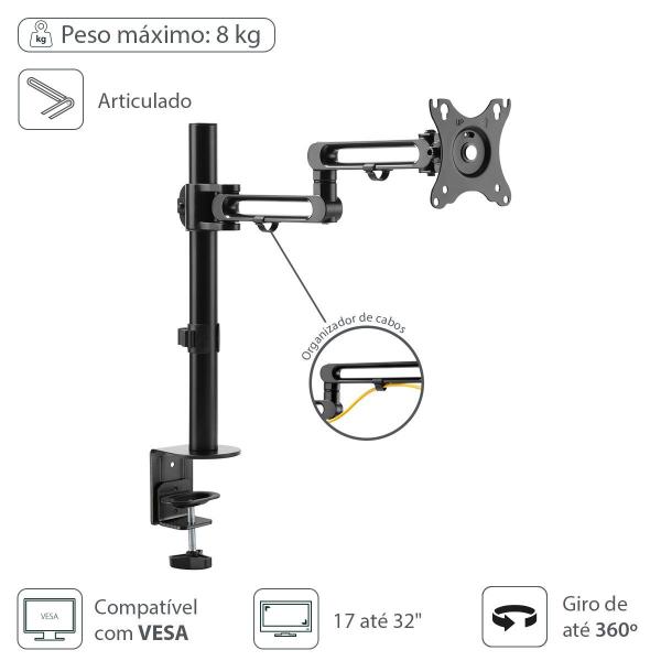 Imagem de Suporte Para Monitor De 17 A 32 Articulado Rotação 360 E Organizador De Cabo - Sm400a