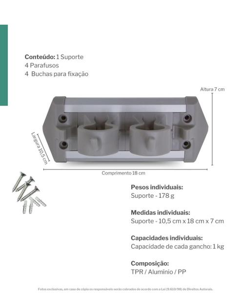 Imagem de Suporte Para Mop E Vassouras Com 2 Ganchos e 3 Espaços Flash Limp