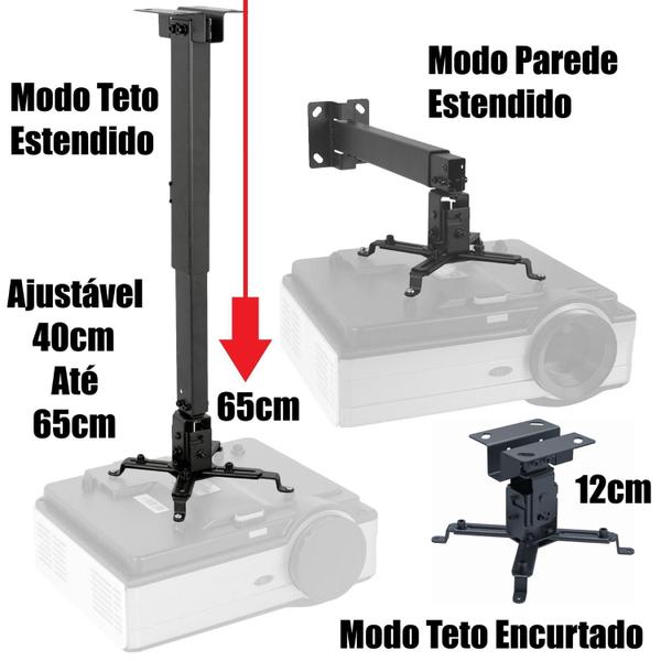 Imagem de Suporte Para Projetor Data Show Giro 360 Articulado Fixação Teto Parede Ajuste de Altura Kit Completo Parafusos Buchas