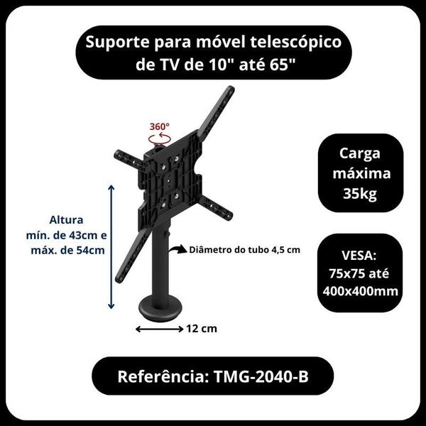 Imagem de Suporte para TV de 10" até 65" fixo no móvel para balcão ou mesa