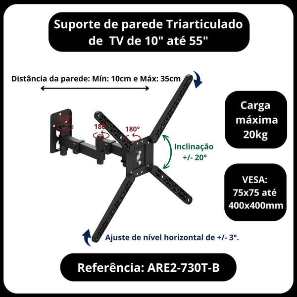 Imagem de SUPORTE PARA TVS DE PAREDE PARA TELAS DE 10 a 55 POLEGADA COM 3 MOVIMENTO - SUPORTE ARTICULADO