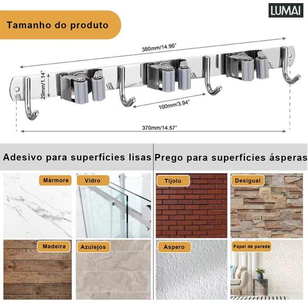 Imagem de Suporte para Vassoura Mop Rodo Pá Organizador 7 Acessórios Parede Inox Silicone