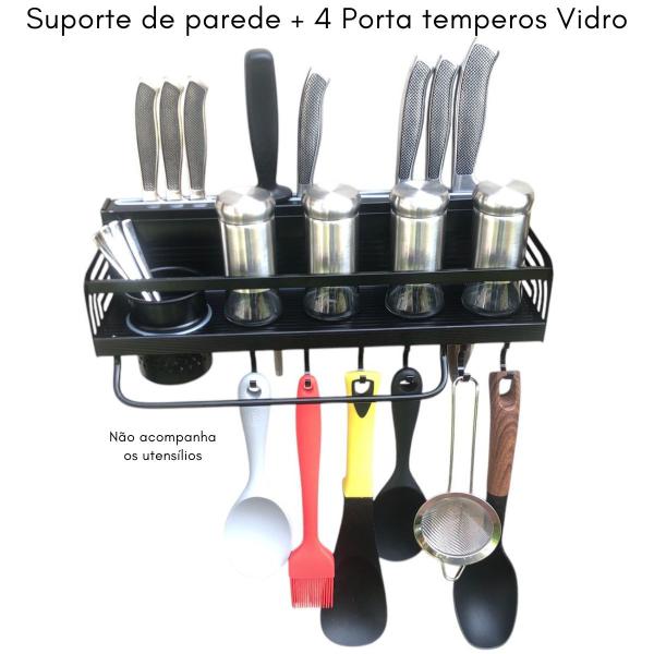 Imagem de Suporte Parede Utensílios + 4 Porta Temperos Vidro C/ Tampa