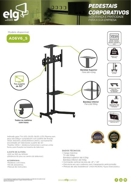 Imagem de Suporte Pedestal com Rodízios e 3 Níveis de Regulagem de Altura para Tvs de 32" a 70" - A06v6_s