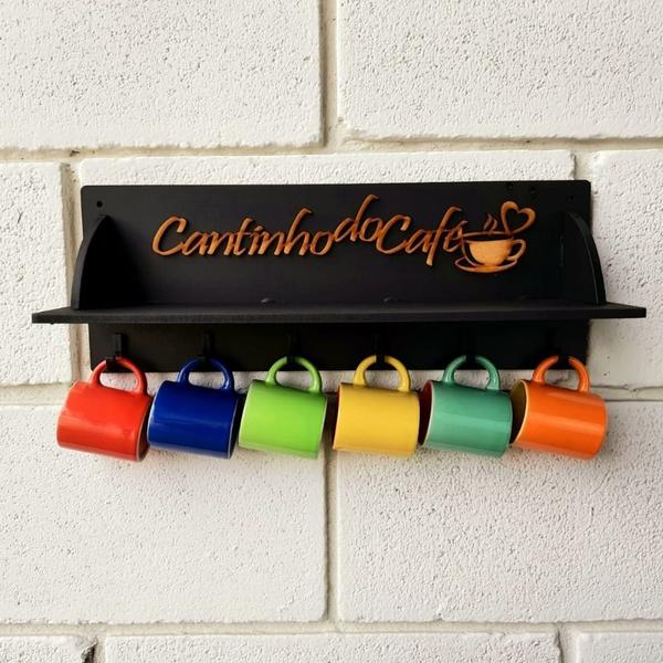 Imagem de Suporte Pendurar Com Porta Canecas Prateleira Madeira Café Cor Preta