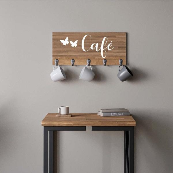 Imagem de Suporte Porta Canecas e Xícaras MDF Castanho Café P14C Branco - Ahazzo Móveis